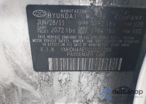 2012 Hyundai Elantra Gls (Ulsan Plant) from USA, damaged, VIN KMHDH4AE9CU227286